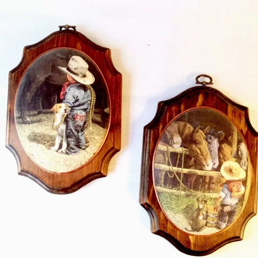 Set of 2 Beaded Glass Wall Plaques of Cowboy Child